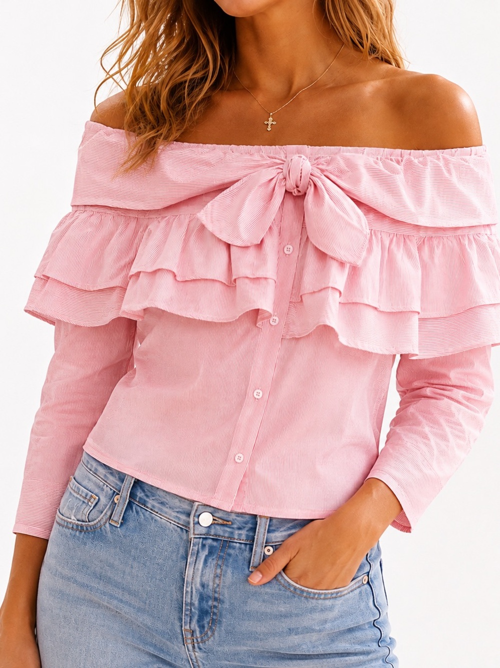 Off Shoulder Ruffle Bow Blouse Pink Stripe Petersyn Georgia